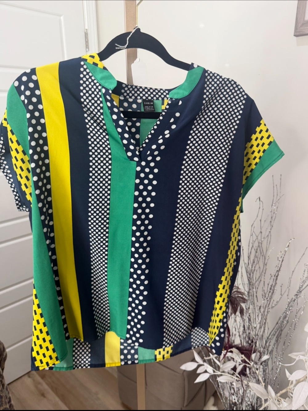 SHEIN Navy, Green & Yellow Polka-Stripe Short Sleeve Blouse